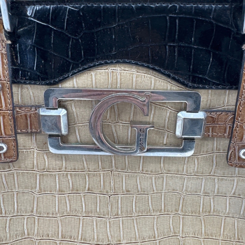 Guess Shoulder Bag Women's Tan Black Vintage Croc Embossed Logo Buckle Satchel - Picture 4 of 7